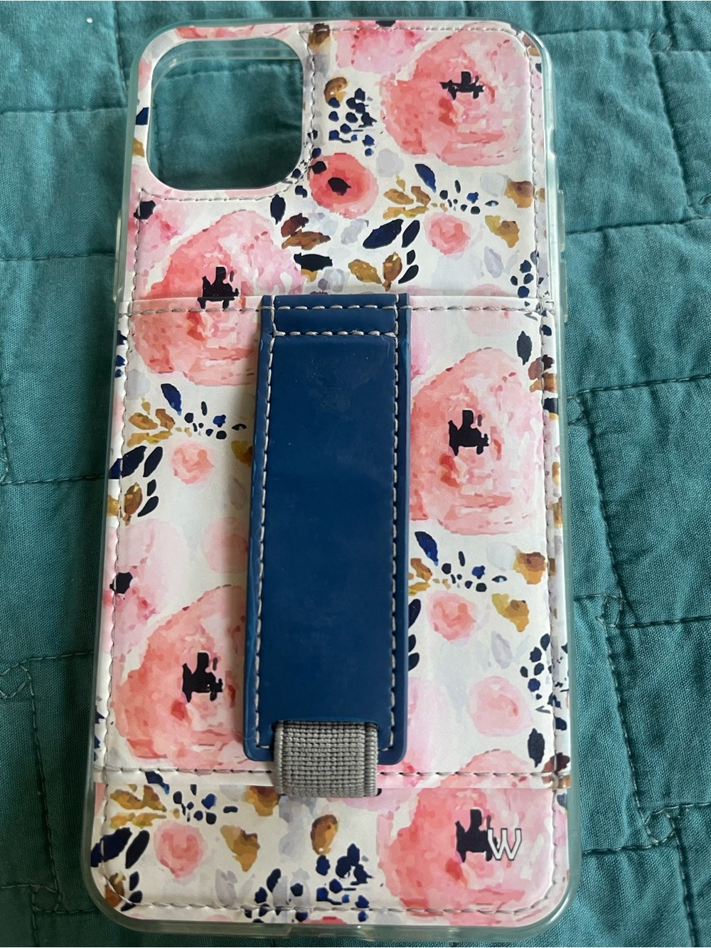 Floral Pink Card Wallet Phone Case with Blue Strap